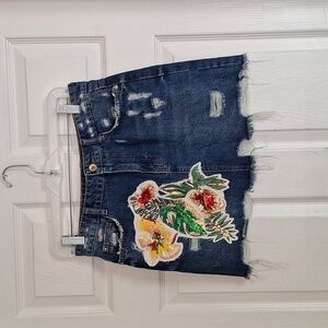 Zara Floral Embroidered Distressed Denim Mini Skirt Small